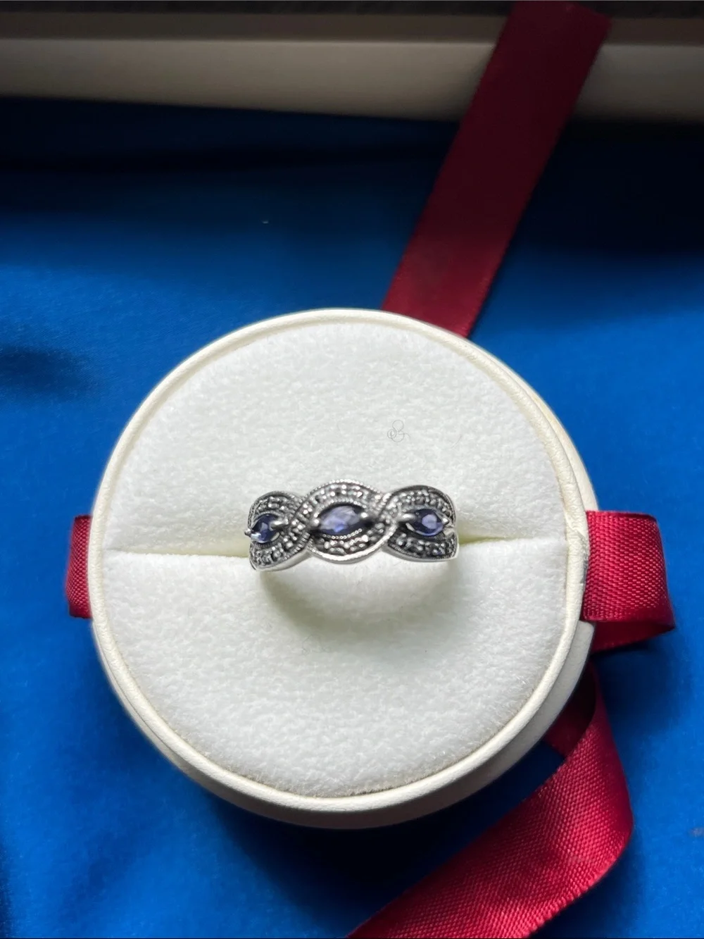 Sterling Silver Twist Band with Blue Marquise Stones